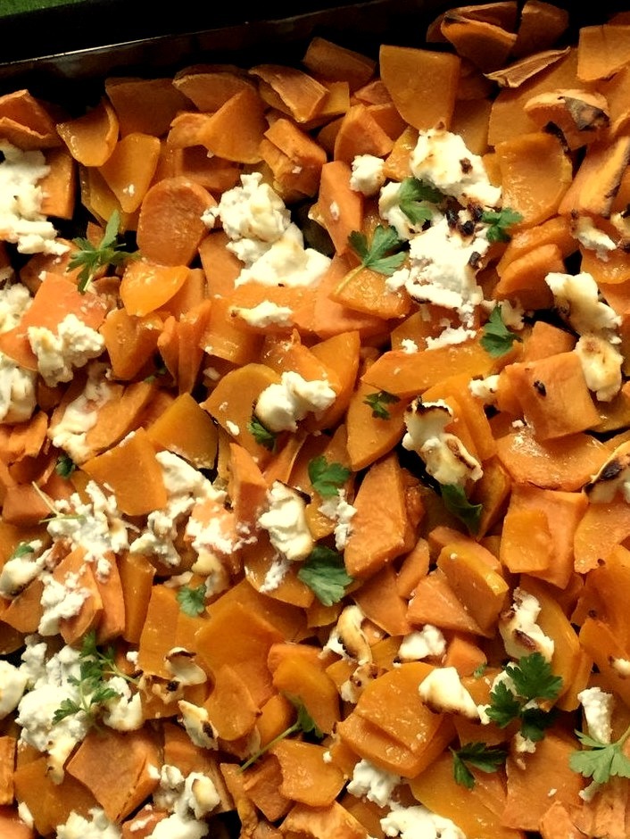 Roasted Squash and Sweet Potatoes with Goat Cheese